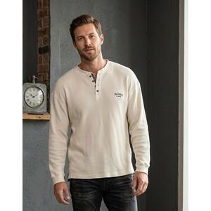 Y2K HOBO Mens Waffle Knit Henley Shirt Long Sleeve Size L Hongkong Cotton Grunge